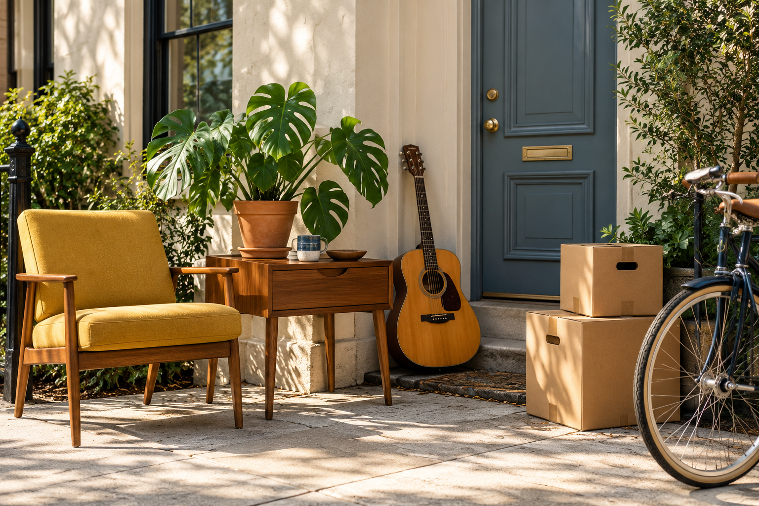 A sunny porch with a yellow chair, wooden table, plant, guitar, bicycle, and moving boxes